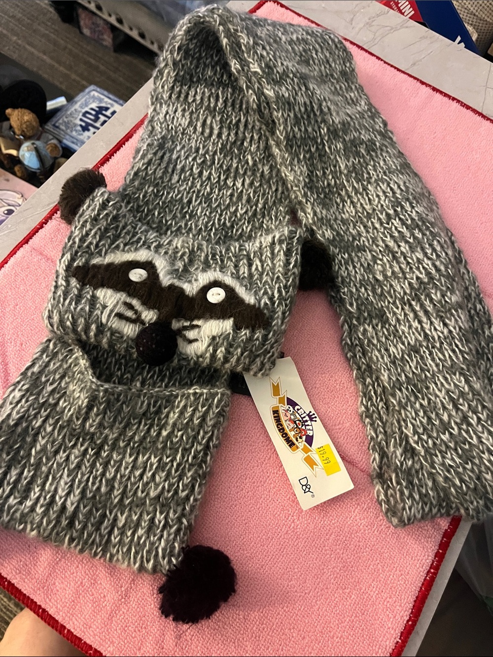 Critter Kingdome knitted Raccoon Scarf -grey tones with black